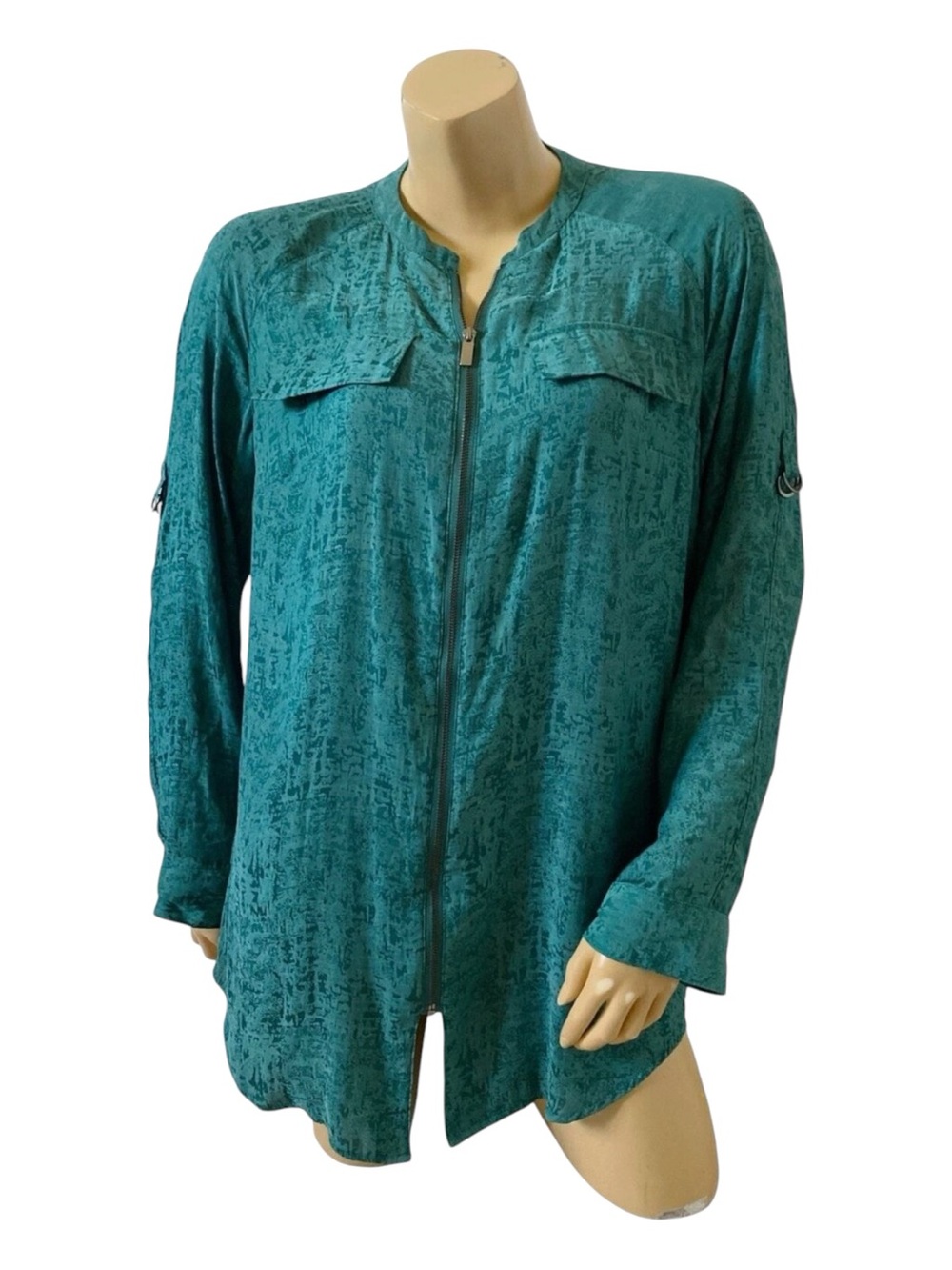 Rock & Republic Tunic Womens M Teal Green Zip Front Roll Tab Sleeve Shirt Top
